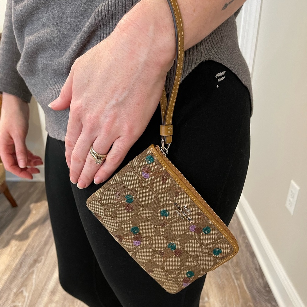 Coach Signature Metallic Cherry Corner Zip Wristlet